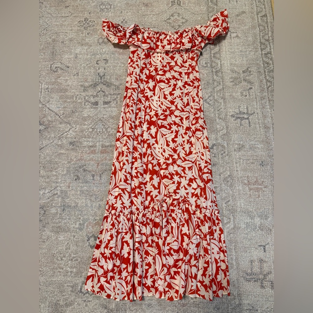 RIXO Red and White Off-Shoulder Floral Maxi Dress